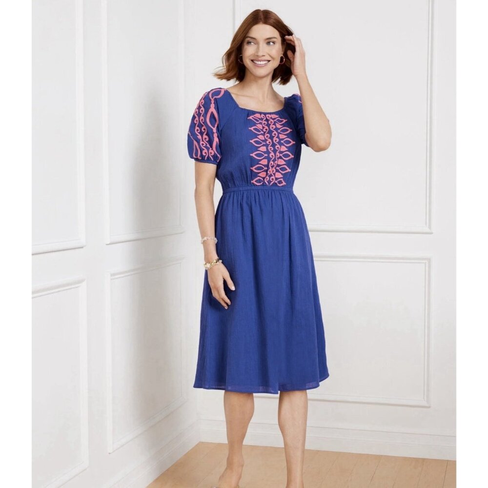 Talbots Women’s Medium Crinkle Gauze Puff Sleeve Square Neck Blue Dress